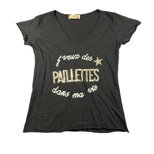 Free For Humanity Shirt Womens Large Black Glitter Paillettes French Graphic Tee